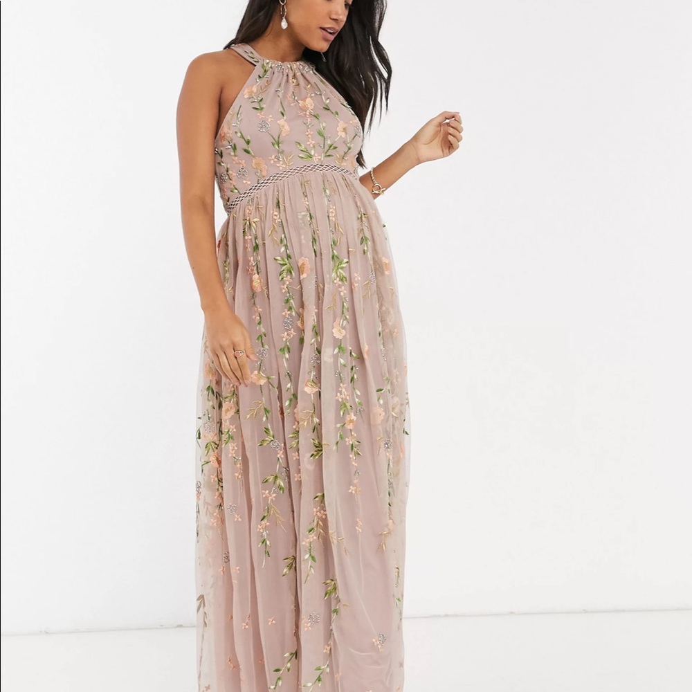 ASOS DESIGN Maternity halterneck embroidered floral and sequin mesh maxi dress